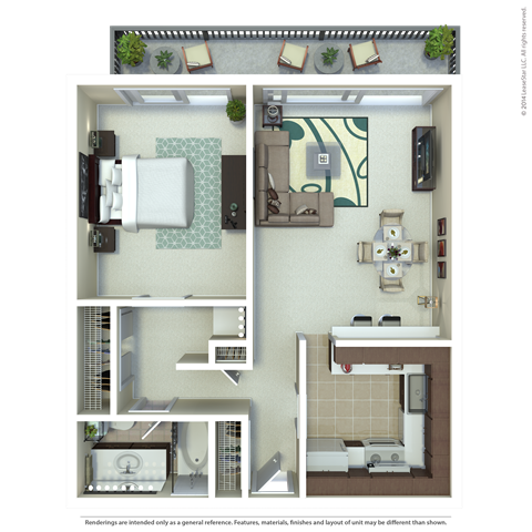 Floor plan for 1 bed, 1 bath, 730 sqft